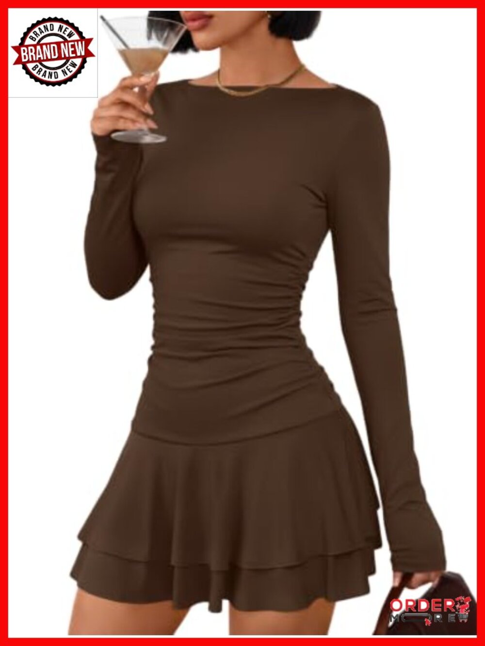 Women Boat Neck Long Sleeve Mini Ruffle Dress Fall Party